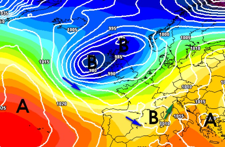 Vortice depressionario in sfondamento dall'Atlantico per il 7-8 ottobre secondo il modello GFS su base Meteociel.