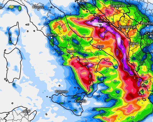 mappa delle precipitazioni previste dal modello ICON per venerdì 25 settembre nelle aree più colpite su base grafica Meteologix: