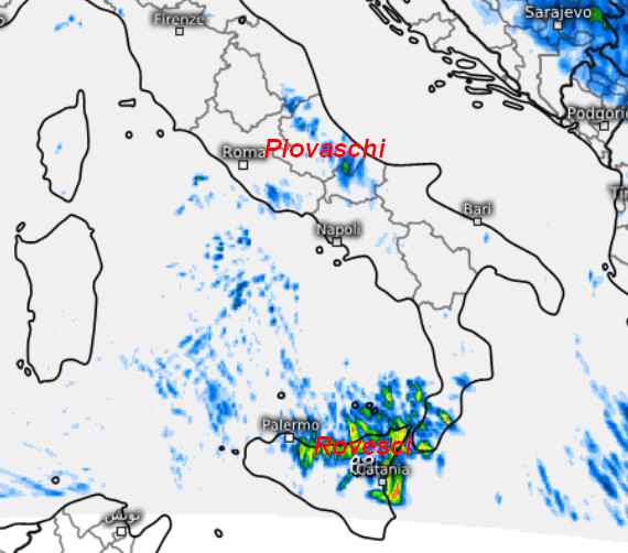 sommatoria delle precipitazioni attese al meridione e su parte del centro nella giornata di martedì 22 settembre secondo il modello SWISS 4KM elaborato su base grafica Meteologix