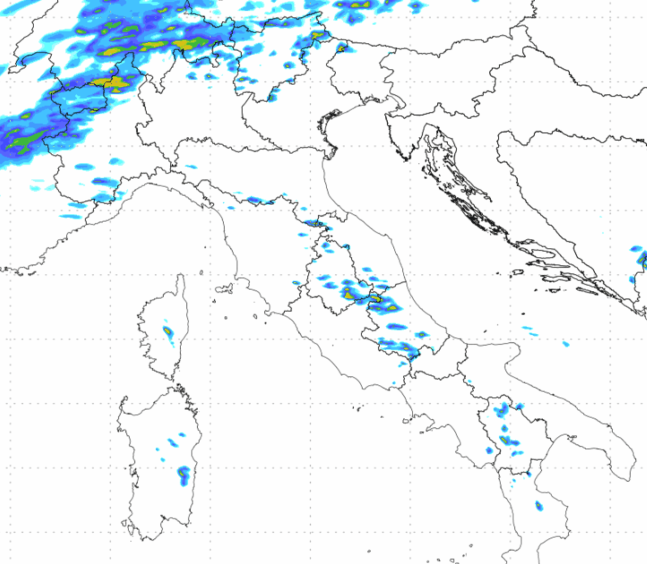 sommatoria dei temporali attesi in Italia tra le 12 di martedi 8 e le 00 su mercoledi 9 settembre sempre secondo il modello Moloch 1.5km elaborato su base grafica Lamma
