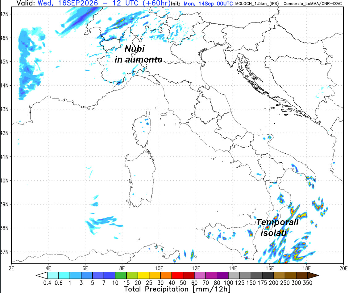 sommatoria delle precipitazioni attese sul nostro Paese nella mattinata di mercoledi 16 settembre secondo il modello Moloch 1.5km elaborato su base grafica Lamma