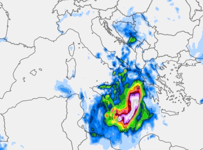 Sommatoria precipitazioni tra il 14 e il 16 settembre secondo GFS su base grafica Meteologix.