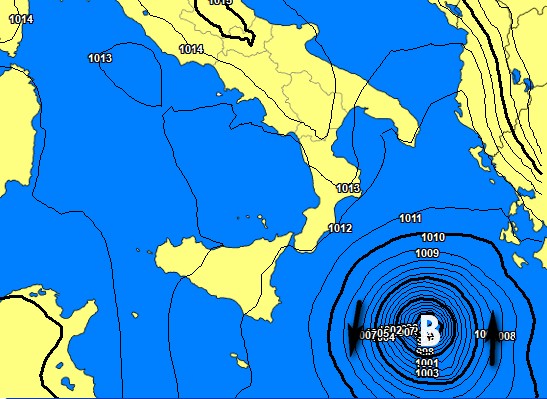Analisi sinottica prevista dal modello GFS su base grafica Meteociel per l'alba di mercoledì 16 settembre.