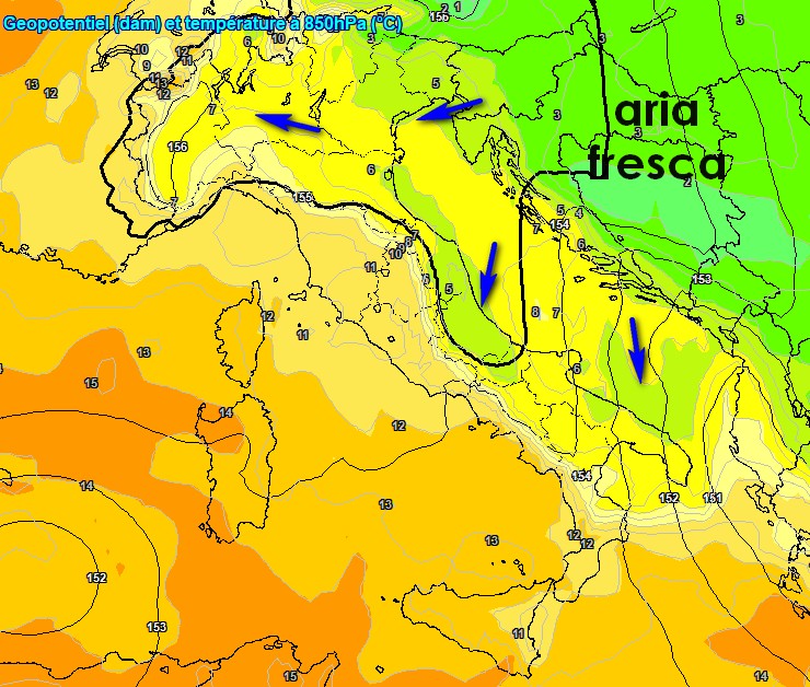 Le temperature a 1500m previste per mercoled&igrave; 23 secondo il modello GFS su base grafica Meteologix.