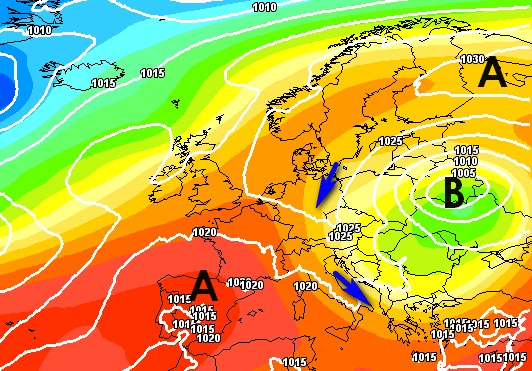 Il vortice freddo visto dal modello GFS per mercoled&igrave; 23 su base grafifa Meteociel.