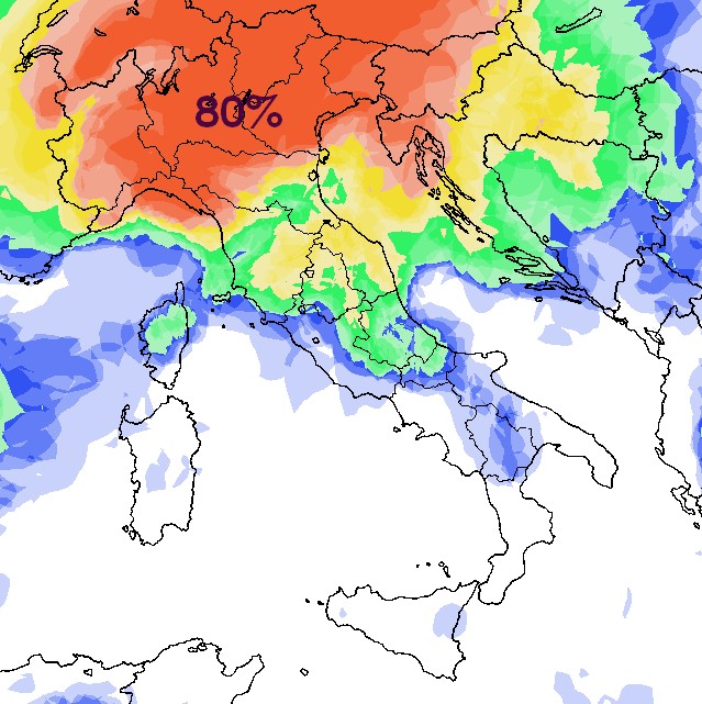 Scala di colori per rappresentare la probabilit&agrave; di pioggia del 9 settembre, modello GFS, base grafica Meteociel.