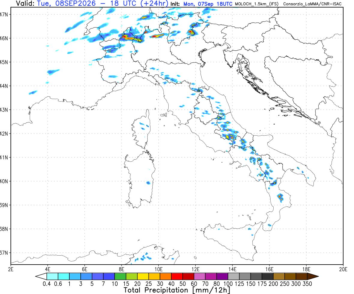 sommatoria dei temporali attesi sul nostro Paese nel pomeriggio-sera di martedi 8 settembre secondo il modello Moloch 1.5km elaborato su base grafica Lamma