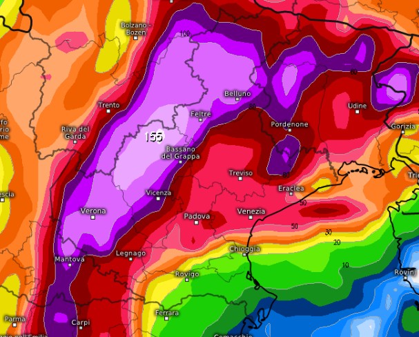 Mappa relativa alla sommatoria delle precipitazioni attese tra mercoled&igrave; 9 e gioved&igrave; 10 su base grafica Meteologix