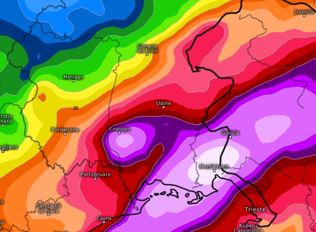 mappa relativa alla sommatoria delle precipitazioni previste dal modello MRF sino a gioved&igrave; 10 su base grafica Meteologix