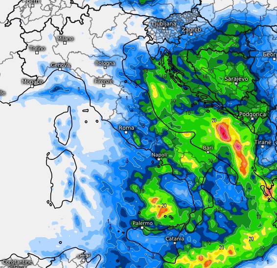 La sommatoria dei fenomeni previsti tra il 23 e il 26 settembre 2026 secondo il modello ECMWF su base grafica Meteologix.