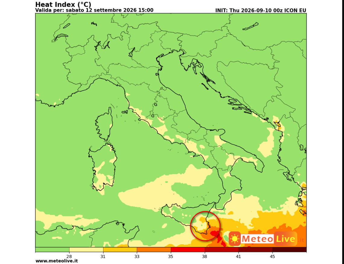 indice di disagio da caldo atteso in Italia per le ore 15 di sabato 12 settembre