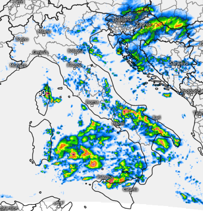 sommatoria delle precipitazioni attese sul nostro Paese nella giornata di sabato 19 settembre secondo il modello SWISS 4KM elaborato su base grafica Meteologix