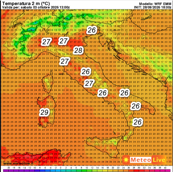 quadro delle temperature attese in Italia alle ore 15 di sabato 3 ottobre