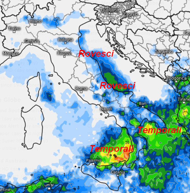 sommatoria delle precipitazioni attese in Italia nella giornata di sabato 12 settembre secondo il modello ECMWF elaborato su base grafica Meteologix