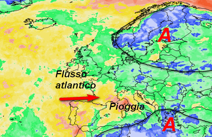la seconda mappa mostra la probabilità di pioggia a scala europea valida per mercoledi 11 novembre, sempre secondo il modello GFS elaborato su base grafica Meteociel