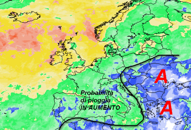 probabilità di pioggia in Italia valida per sabato 17 ottobre sempre secondo la media degli scenari del modello GFS elaborato su base grafica Meteociel