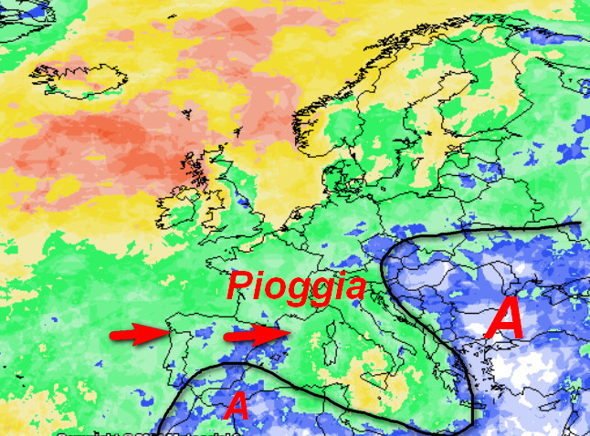 probabilit&agrave; di pioggia in Europa valida per lunedi 19 ottobre sempre secondo il modello GFS elaborato su base grafica Meteociel