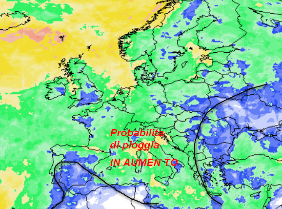 probabilit&agrave; di pioggia in Europa attesa nella giornata di marted&igrave; 3 novembre sempre secondo il modello GFS elaborato su base grafica Meteociel