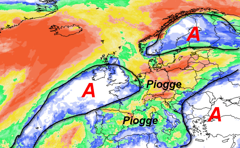 media degli scenari del modello GFS elaborato su base grafica Meteologix che mostra la probabilit&agrave; di pioggia in sede italica estrapolata per la giornata di giovedi 8 ottobre