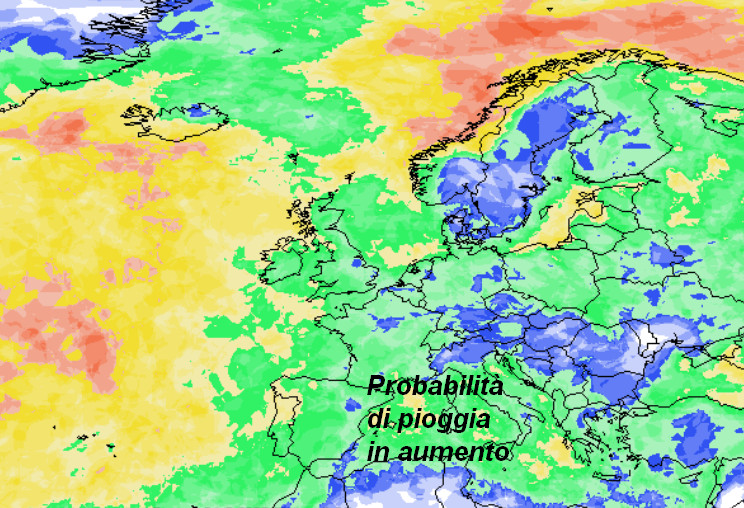 probabilità di pioggia a scala europea valida per domenica 8 novembre secondo la media degli scenari del modello GFS elaborato su base grafica Meteociel