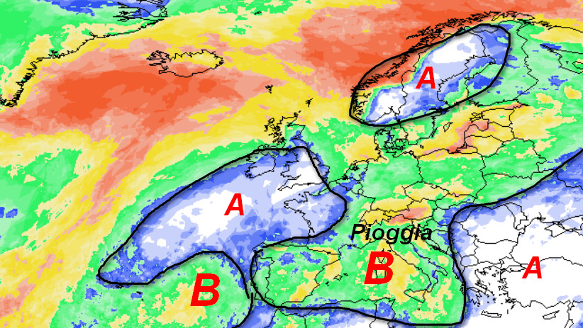 mappa della probabilità di pioggia in Europa per venerdi 9 ottobre secondo la media degli scenari del modello GFS elaborata su base grafica Meteociel