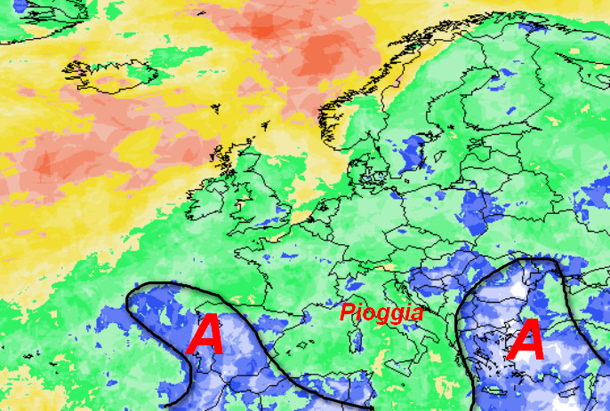 probabilità di pioggia in Europa valida per domenica 18 ottobre secondo la media degli scenari del modello GFS elaborato su base grafica Meteociel