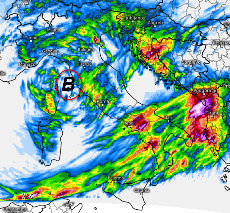 piogge attese in Italia nell'arco della giornata di venerdi 9 ottobre secondo il modello SWISS 4KM elaborato su base grafica Meteologix