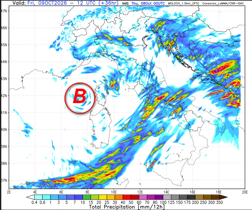 sommatoria delle precipitazioni attese sul nostro Paese tra la notte e la mattinata di venerdi 9 ottobre secondo il modello Moloch 1.5km elaborato su base grafica Lamma