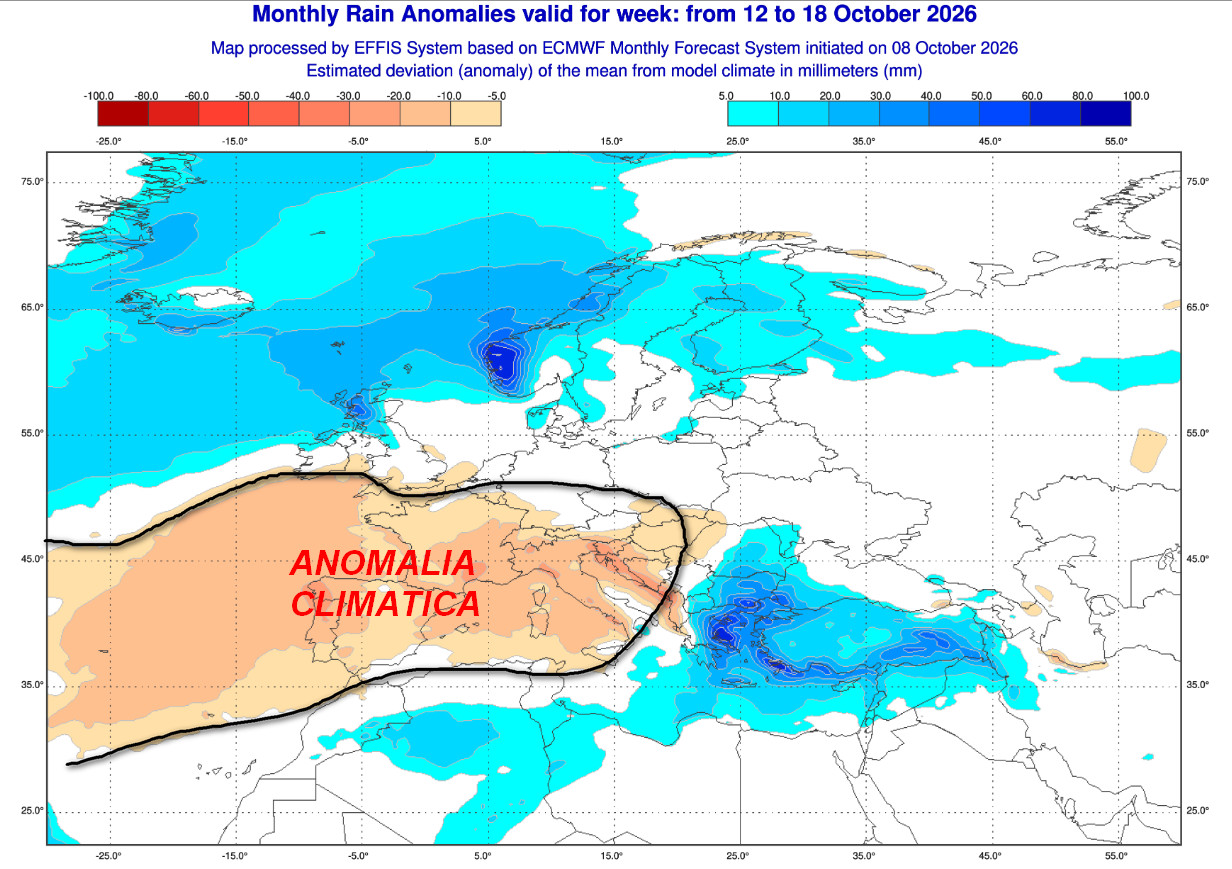 anomalie pluviometriche attese in Europa nel lasso temporale tra il 12 ed il 18 ottobre secondo il modello ECMWF elaborato su base Copernicus