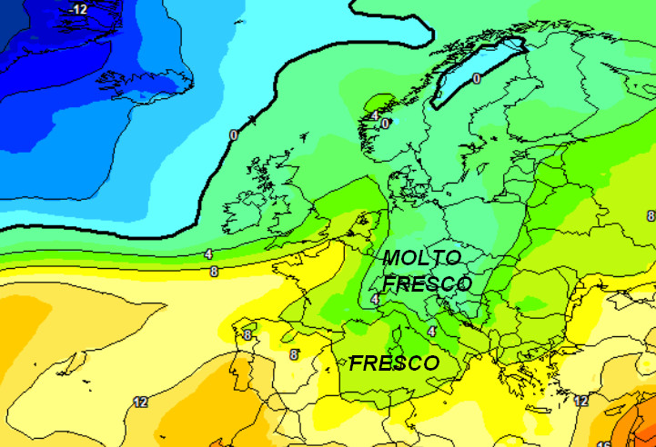 quadro termico previsto a 1500 metri sulla verticale europea per domenica 25 ottobre secondo il modello ECMWF elaborato su base grafica Meteociel