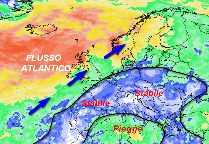 probabilità di pioggia in Europa valida per mercoledi 14 ottobre secondo la media degli scenari del modello GFS elaborato su base grafica Meteociel