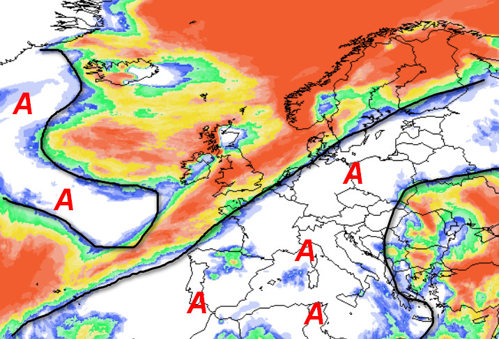 mappa della probabilità di pioggia in Europa valida per venerdi 16 ottobre secondo il modello GFS elaborato sui base grafica Meteociel