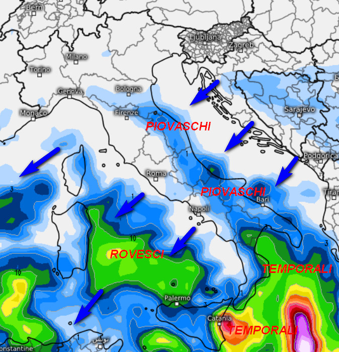 sommatoria delle precipitazioni attese in Italia nell'arco della giornata di sabato 31 ottobre sempre secondo il modello GFS elaborato su base grafica Meteociel