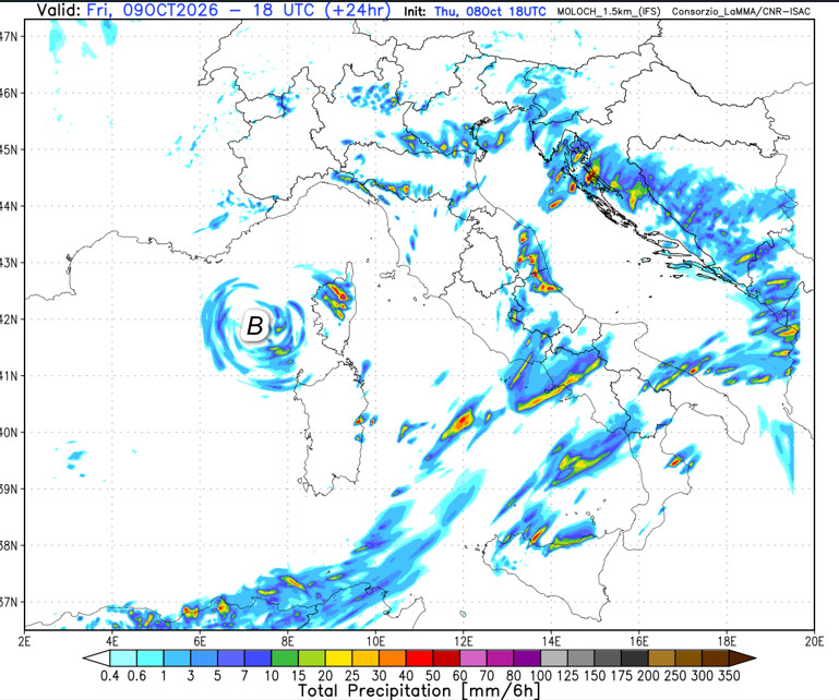 sommatoria delle precipitazioni attese in Italia tra il pomeriggio e la serata di venerdi 9 ottobre sempre secondo il modello Moloch elaborato su base grafica Lamma