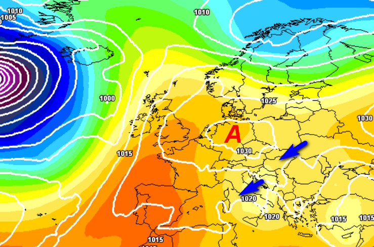 analisi sinottica del modello GFS elaborato su base grafica Meteociel valida per le ore centrali di venerdi 30 ottobre