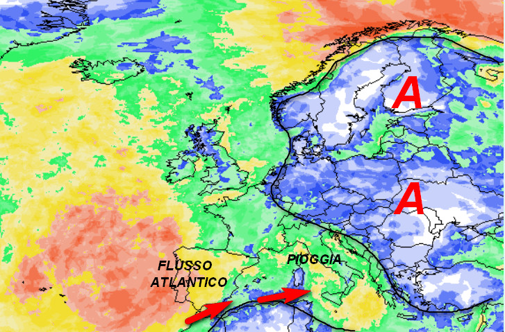 la prima mappa mostra la probabilità di pioggia in Italia, secondo il modello GFS elaborato su base grafica Meteociel