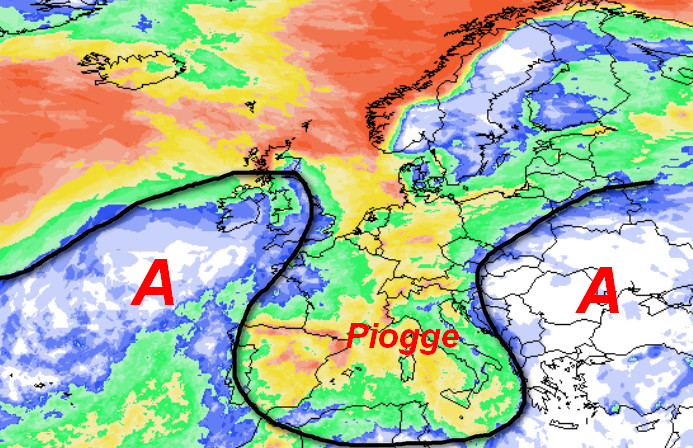 probabilità di pioggia in Europa valida per le prime ore di giovedì 8 ottobre secondo la media degli scenari del modello GFS elaborato su base grafica Meteociel