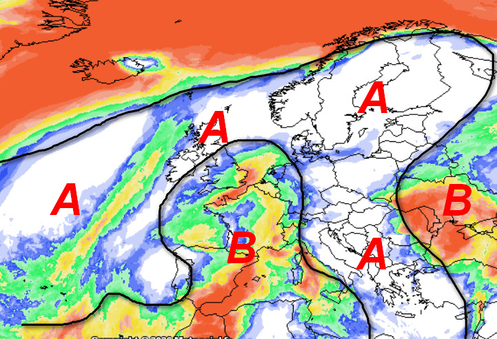 probabilità di pioggia attesa in Europa valida per le ore centrali di lunedi 19 ottobre sempre secondo la media degli scenari del modello GFS elaborato si base grafica Meteociel
