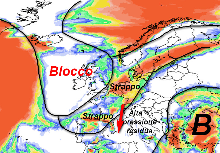 probabilità di pioggia in Europa valida per le ore centrali di sabato 17 ottobre secondo la media degli scenari del modello GFS elaborata su base grafica Meteociel