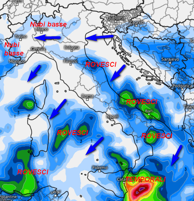 sommatoria delle precipitazioni attese nell'intera giornata di venerdi 30 ottobre secondo il modello GFS elaborato su base grafica Meteociel