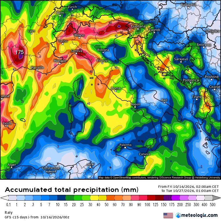 sommatoria delle piogge in Italia nei prossimi 10 giorni, ovvero fino a lunedi 26 ottobre, secondo il modello GFS elaborato su base grafica Meteologix-ricordiamo che i millimetri previsti hanno scopo puramente indicativo e non devono essere presi alla lettera