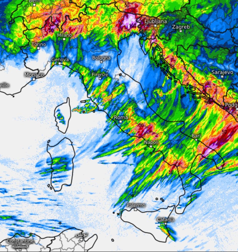 Mercoledì le piogge risulteranno molto abbondanti principalmente su Alpi e Prealpi Lombarde e Piemontesi, basso Lazio, Friuli e fra Campania e Calabria, specie fino a metà pomeriggio. Modello Icon 2km su base grafica Meteologix