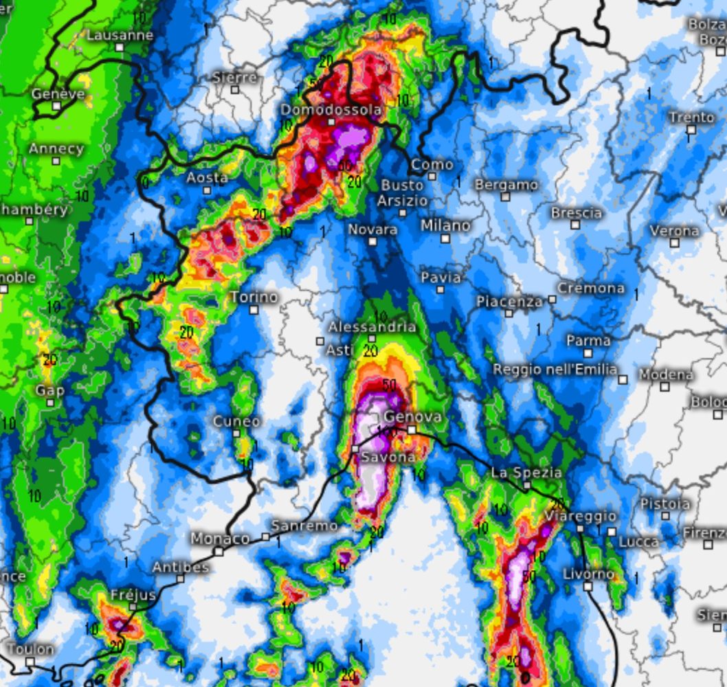 Piogge in arrivo domenica, specie nel pomeriggio-sera: coinvolti principalmente i rilievi del Piemonte fra Torinese, Biellese e Verbano, oltre che la Liguria di ponente soprattutto fra Savona e Genova. Modello ICON 2km su base grafica Meteologix.
