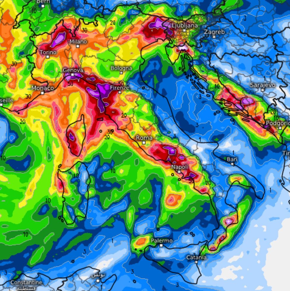 Piogge abbondanti fra martedi 20 e mercoledi 21 su molte regioni Italiane, in particolare su alto Piemonte, alta Lombardia, Liguria, alta Toscana, Friuli e fra Lazio e Campania. Su Liguria e nelle regioni centrali Tirreniche indicate potranno assumere carattere di nubifragio o temporali intensi. Modello UKMO su base grafica Meteologix.