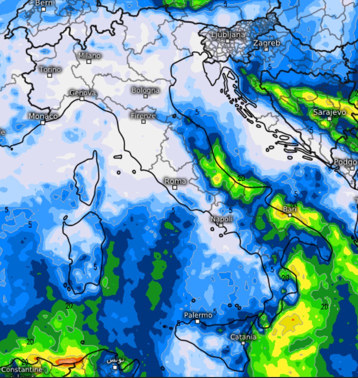 Piogge prevista fra sabato 31 e martedì 3 novembre secondo il modello ECMWF (base grafica Meteologix): interessato probabilmente il medio e basso versante Adriatico, le coste della Calabria Ionica e della Sicilia orientale