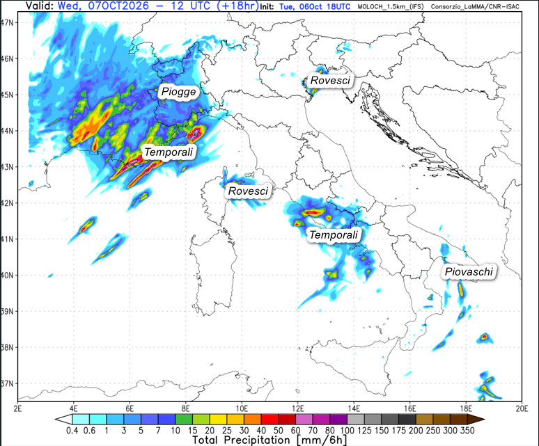 sommatoria delle precipitazioni attese in Italia tra la mattinata ed il primo pomeriggio di mercoledi 7 ottobre secondo il modello Moloch 1.5km elaborato su base grafica Lamma