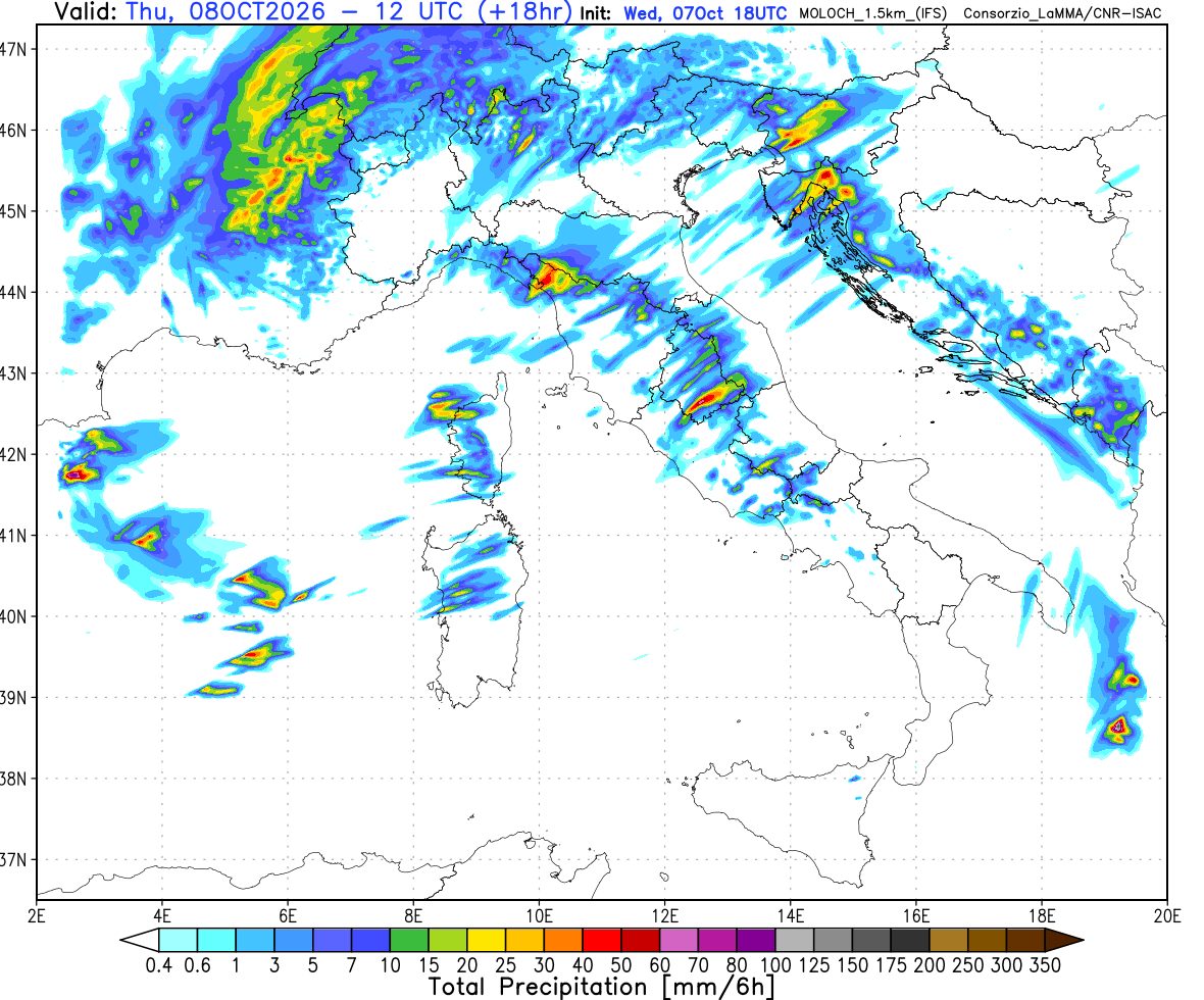 sommatoria delle precipitazioni attese in Italia fino al primo pomeriggio di giovedi 8 ottobre secondo il modello Moloch elaborato su base grafica Lamma