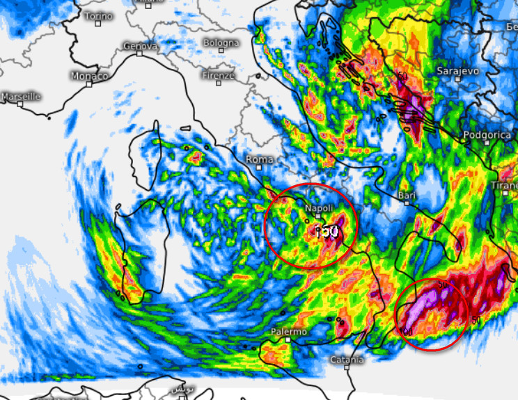 precipitazioni attese al centro ed al meridione nell'arco della giornata di sabato 10 ottobre secondo il modello SWISS 4KM elaborato su base grafica Meteologix