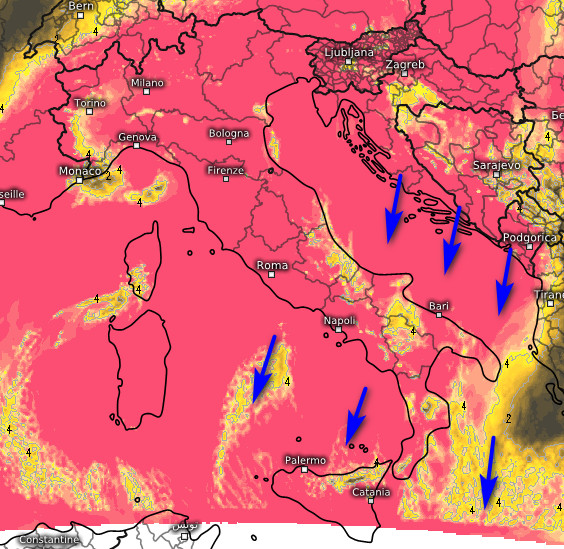 soleggiamento totale cumulato previsto tra le 9 e le 16 di marted&igrave; 13 ottobre (rosa molto soleggiato, giallo nubi e schiarite, grigio scuro assenza di sole