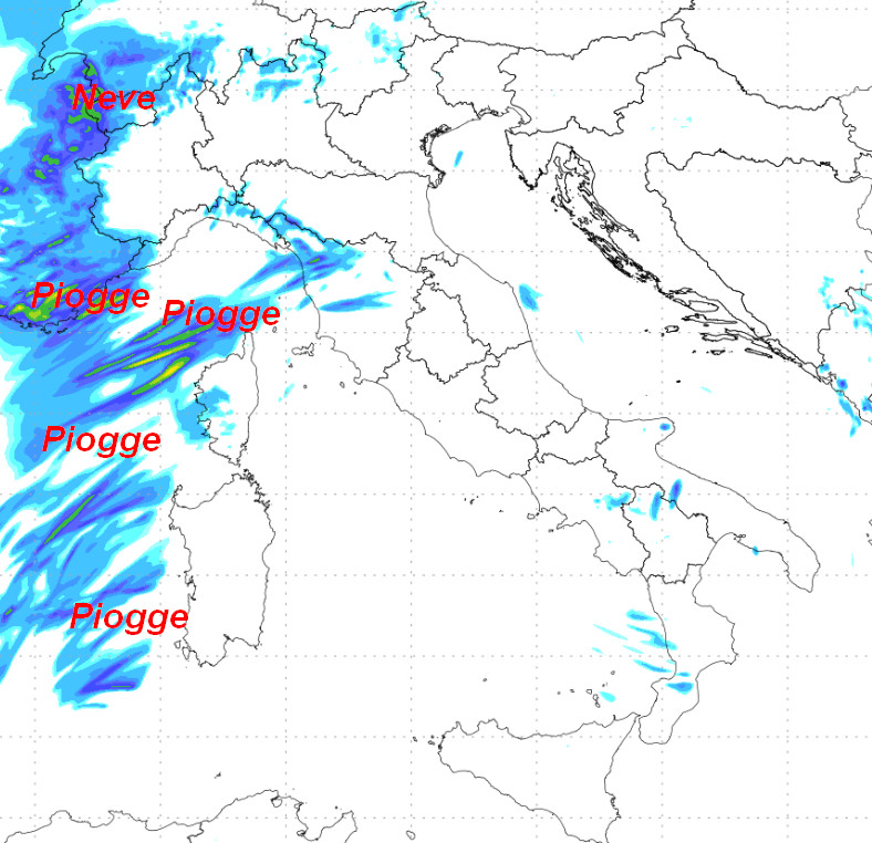 sommatoria delle piogge attese in Italia fino al primo pomeriggio di venerdi 23 ottobre secondo il modello Moloch 1.5km elaborato su base grafica Lamma